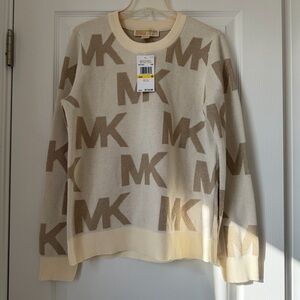 New Women’s Michael Kors Cream and Tan Logo Sweater Size M